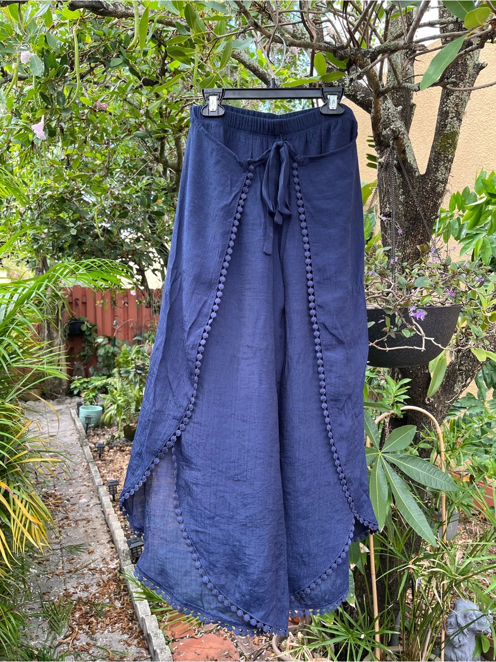 BCX Navy Wide-Leg Open Side Pants with Pom-Pom Trim, Women’s size Small